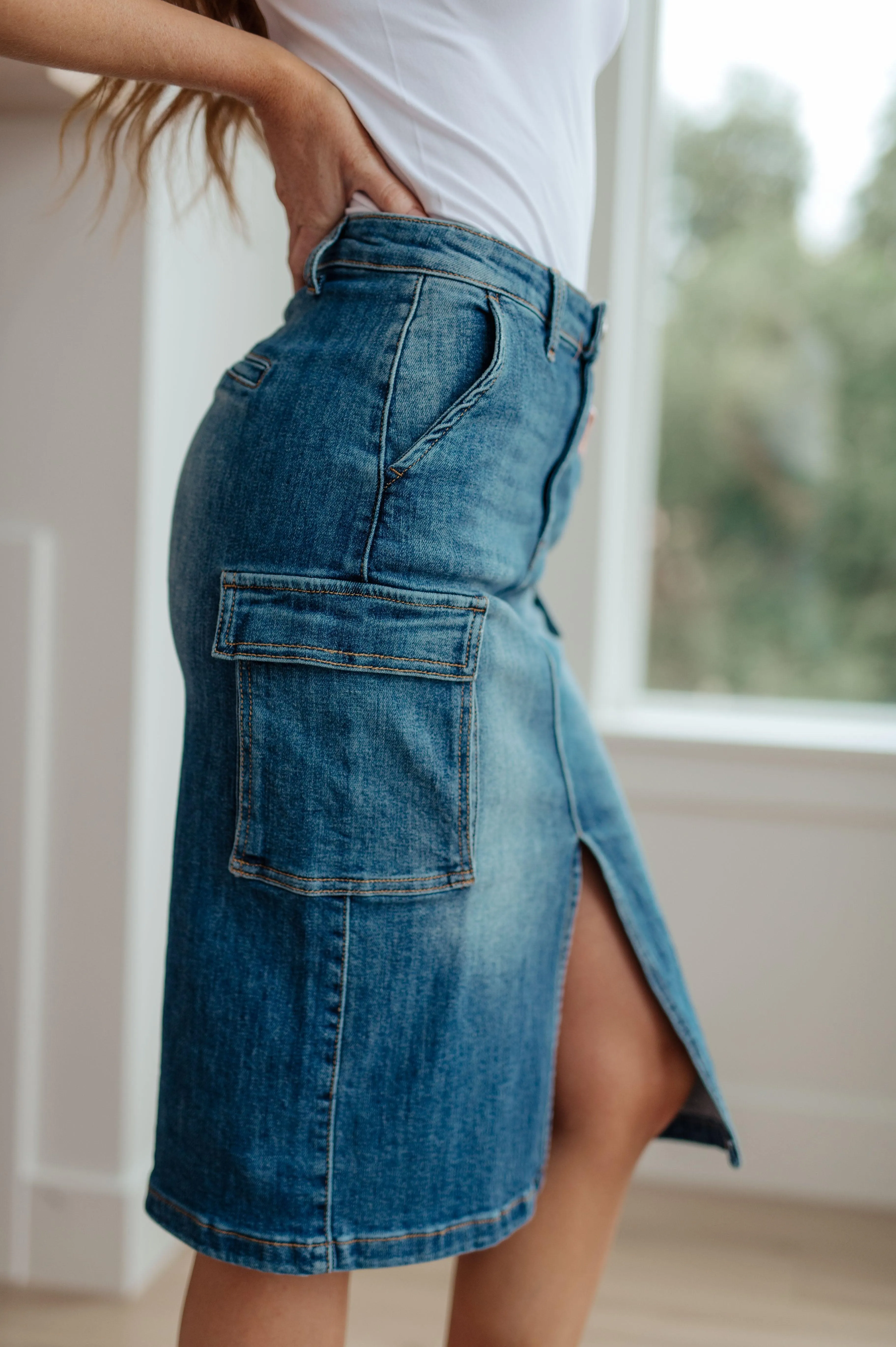 High Rise Front Slit Cargo Denim Skirt