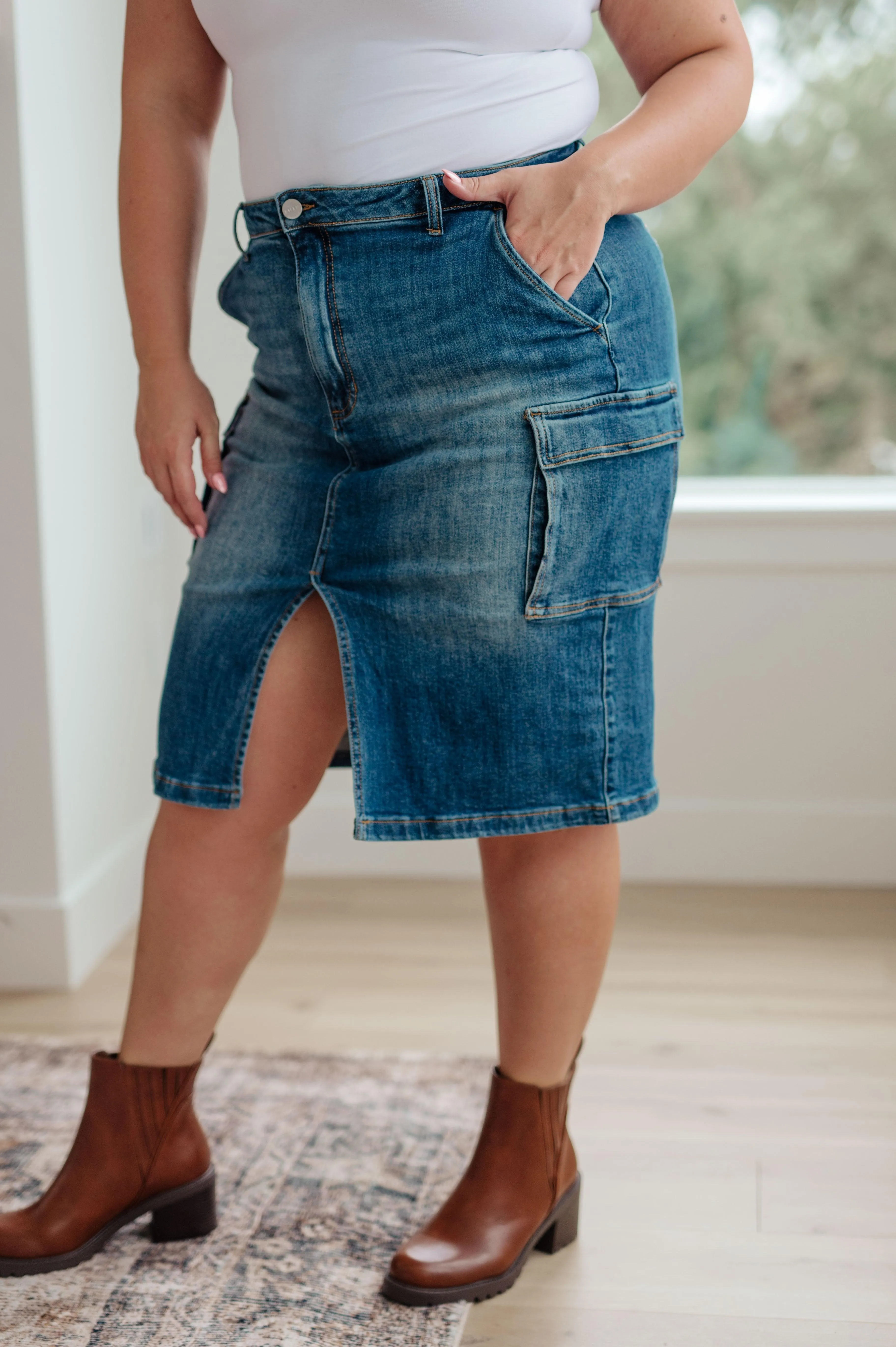 High Rise Front Slit Cargo Denim Skirt