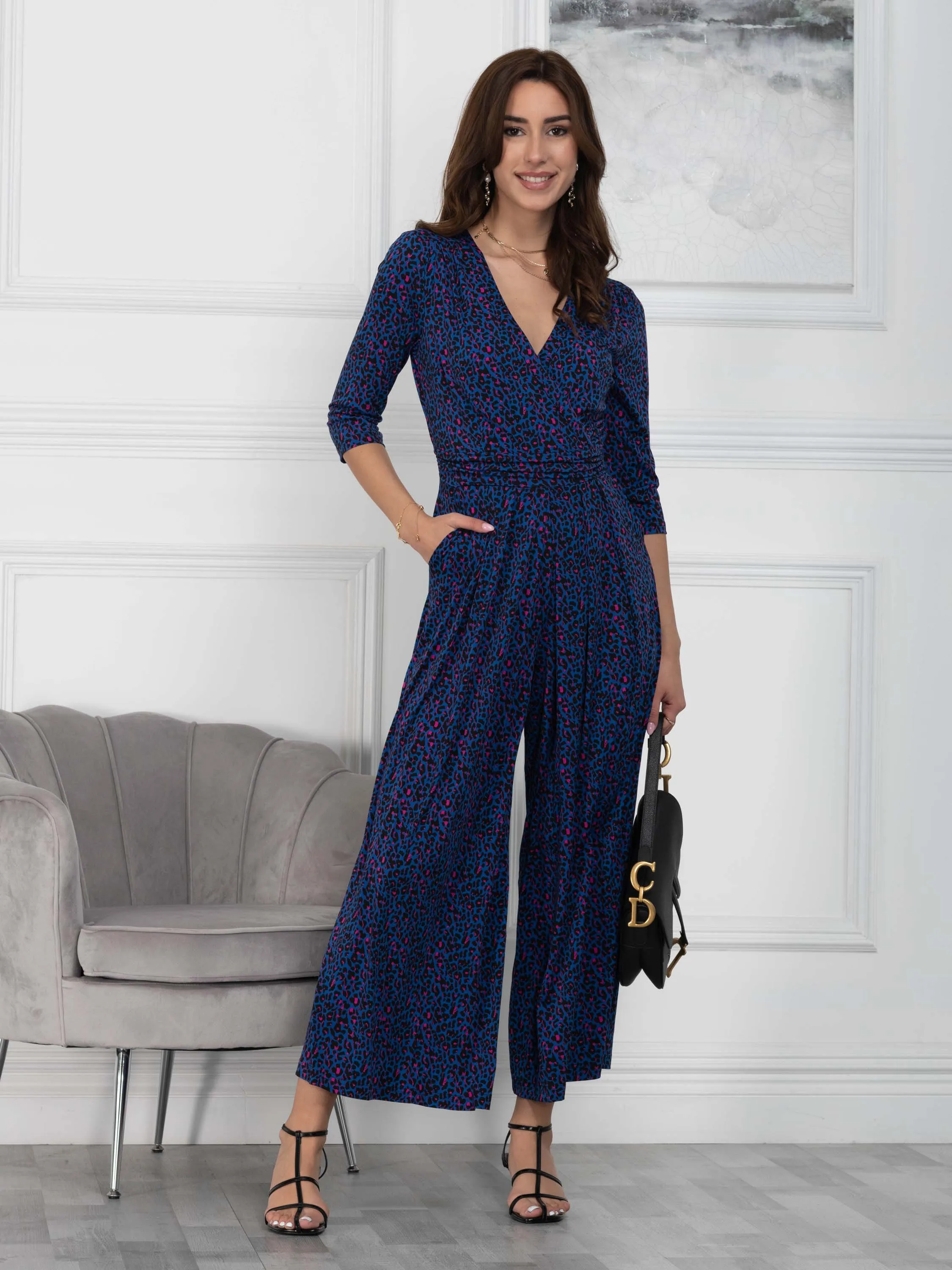 Jolie Moi Giselle Wrap Front Jumpsuit, Blue Animal