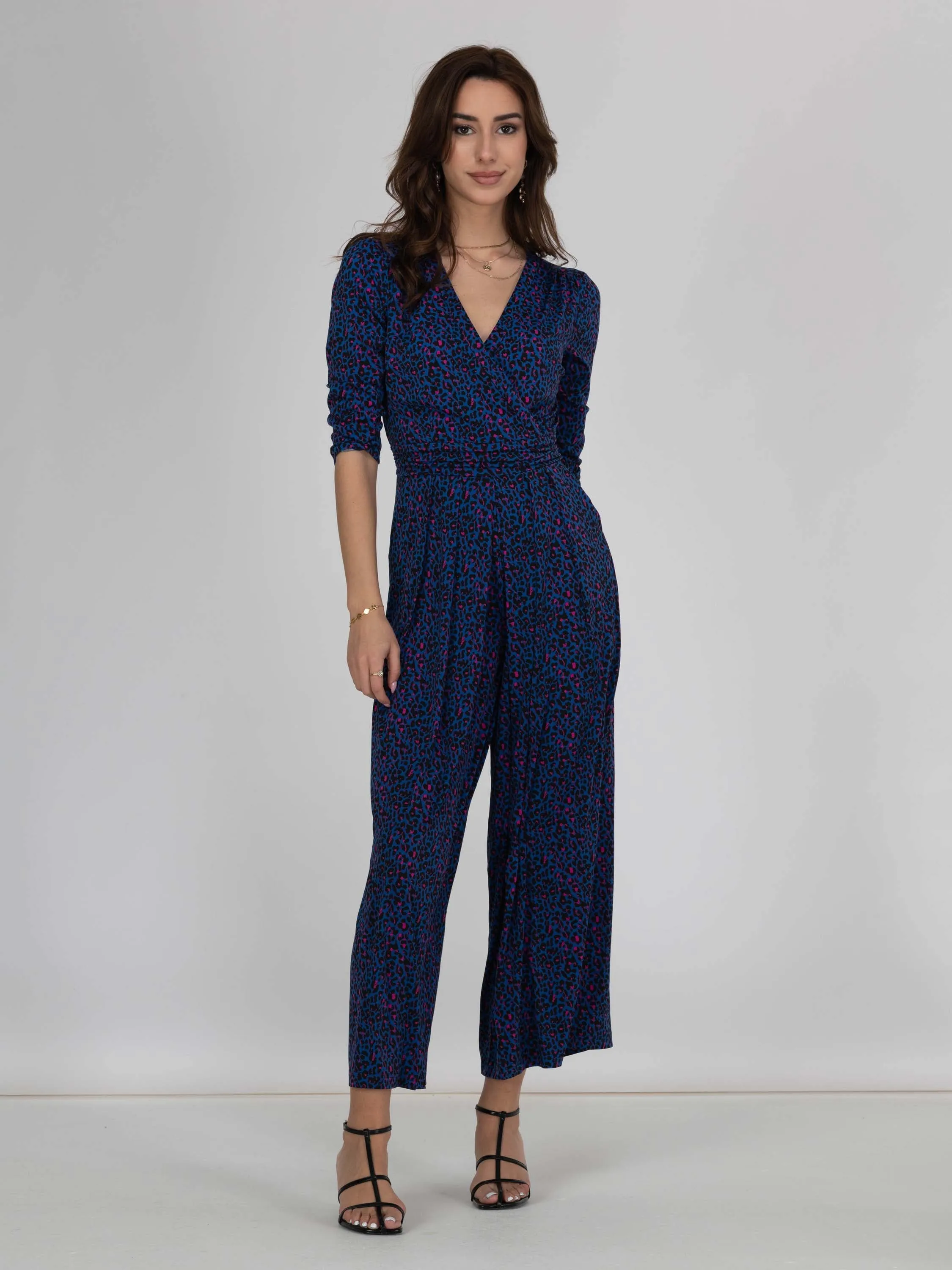 Jolie Moi Giselle Wrap Front Jumpsuit, Blue Animal