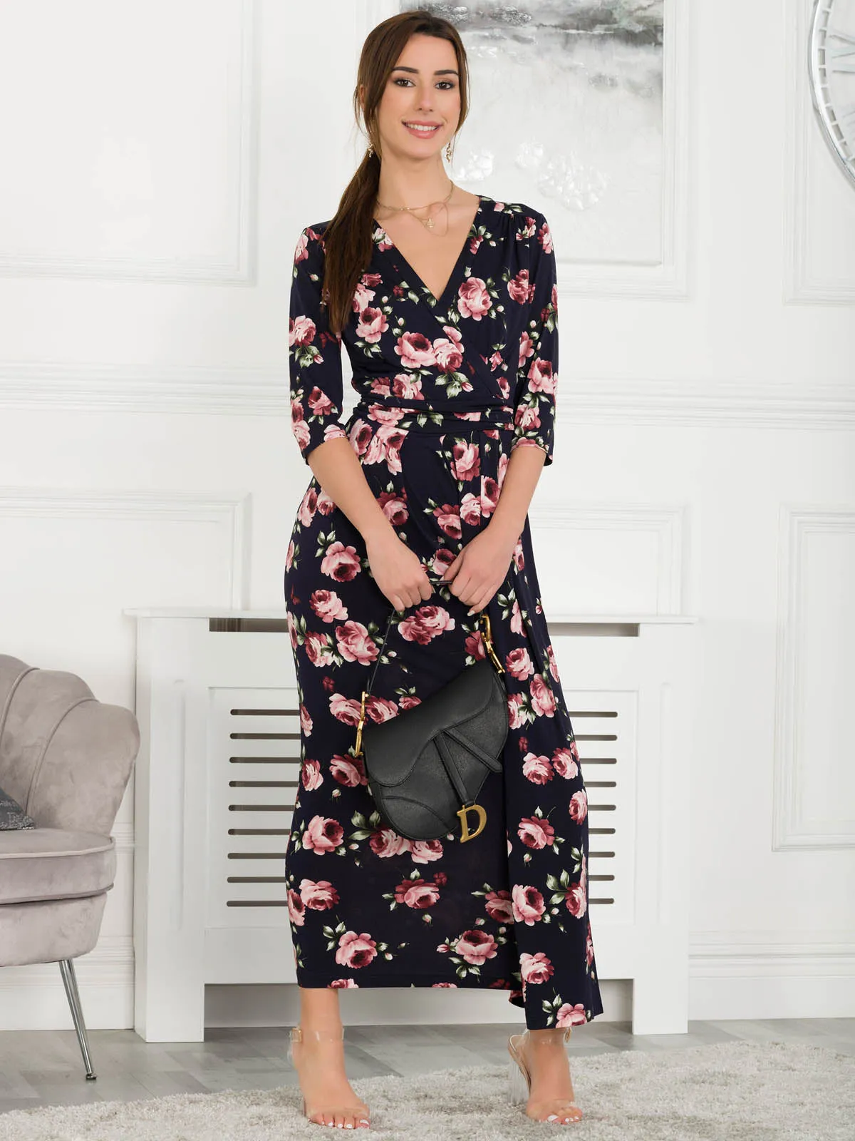 Jolie Moi Giselle Wrap Front Jumpsuit, Navy Floral