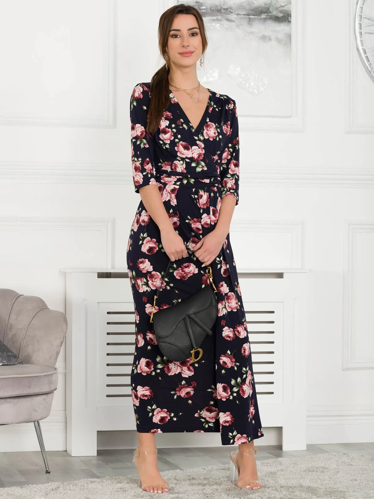 Jolie Moi Giselle Wrap Front Jumpsuit, Navy Floral