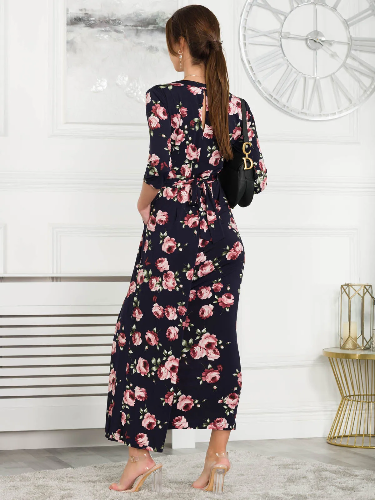 Jolie Moi Giselle Wrap Front Jumpsuit, Navy Floral