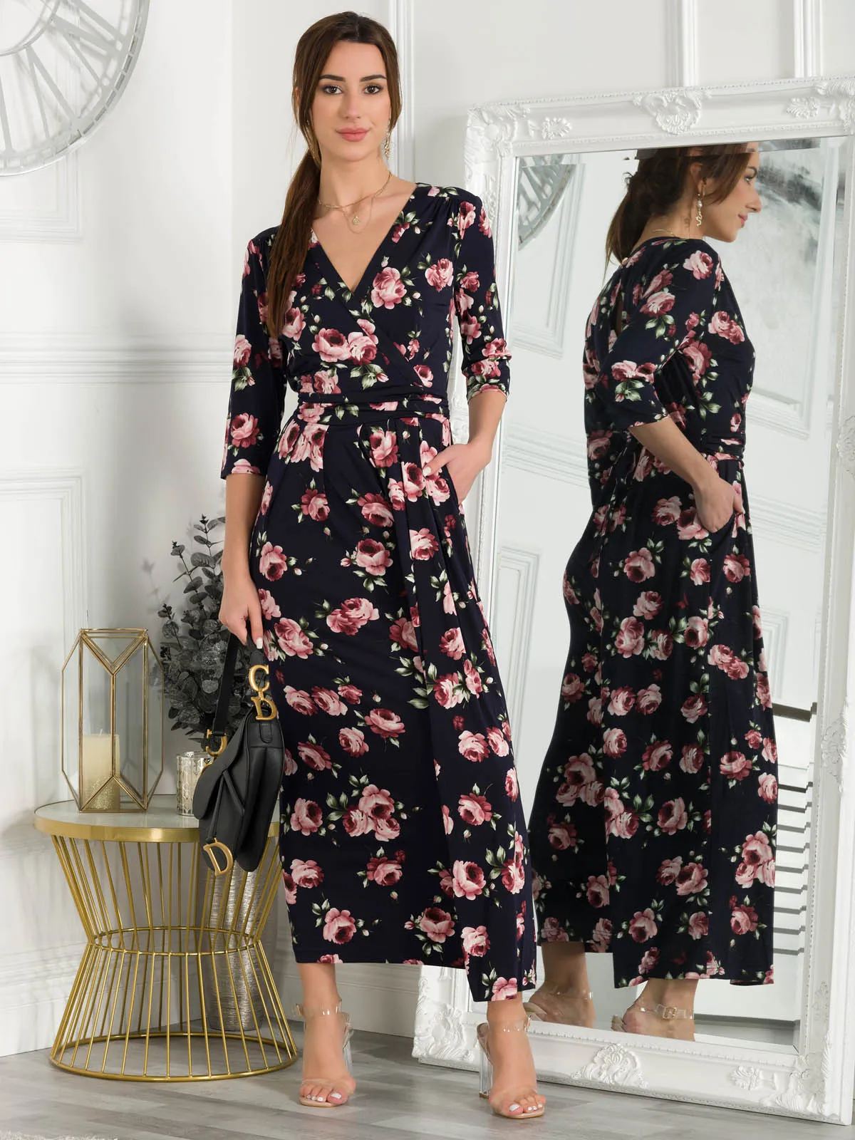 Jolie Moi Giselle Wrap Front Jumpsuit, Navy Floral