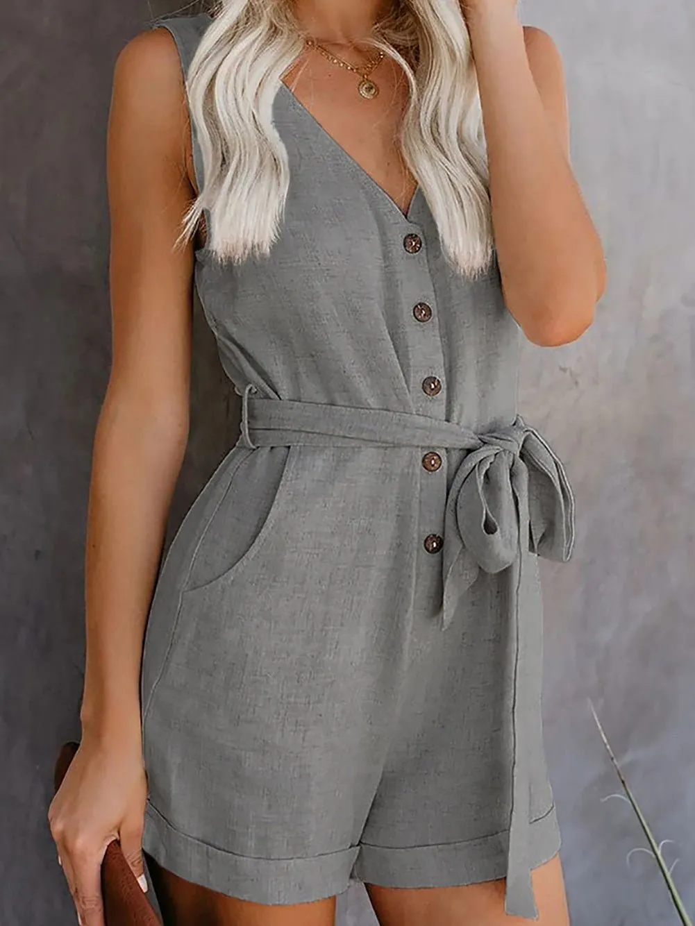 Jumpsuits Casual V-Neck Buttoned Lace-Up Pocket Jumpsuit for Women