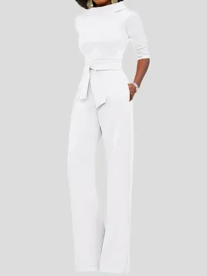 Jumpsuits Solid Five-Point Sleeve Belted Wide-Leg Jumpsuit for Women