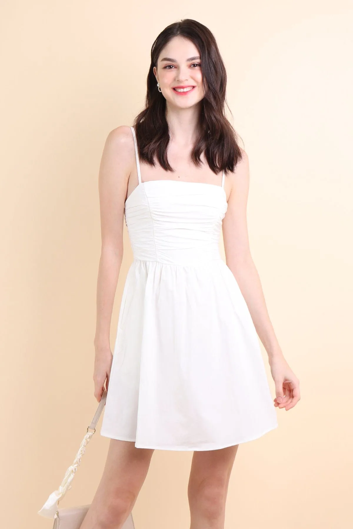 LOLA SLEEVELESS RUCHED ROMPER DRESS IN WHITE