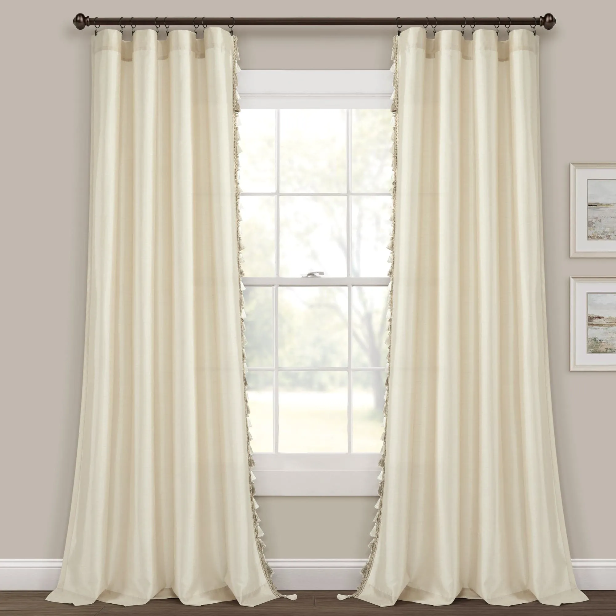 Luxury Regency Faux Silk Two-Tone Tassel Window Curtain Panel Set