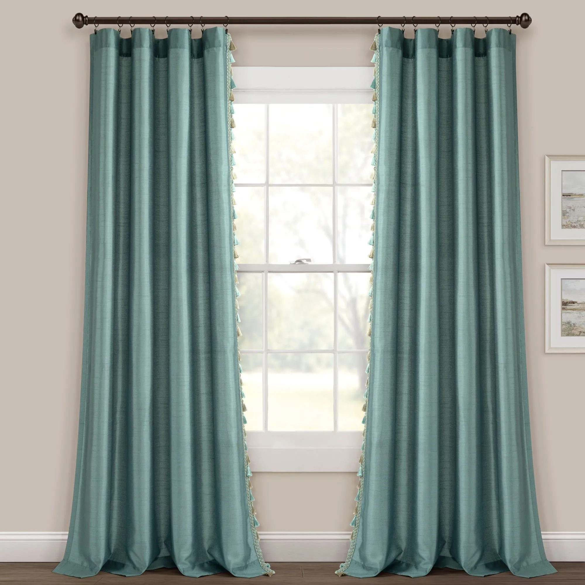 Luxury Regency Faux Silk Two-Tone Tassel Window Curtain Panel Set