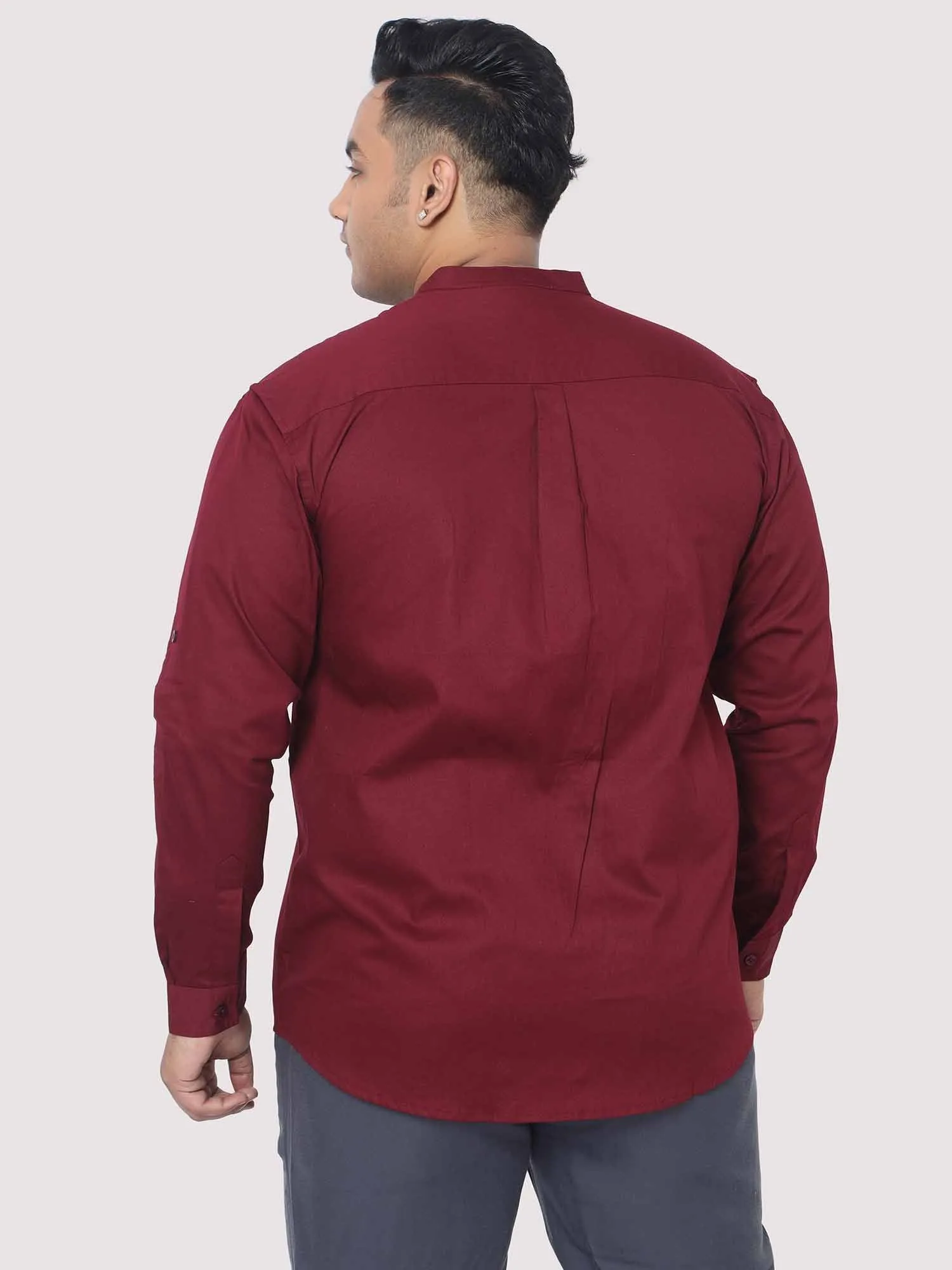 Maroon Mandarin Collar Men's Plus Size Cotton Full Shirt