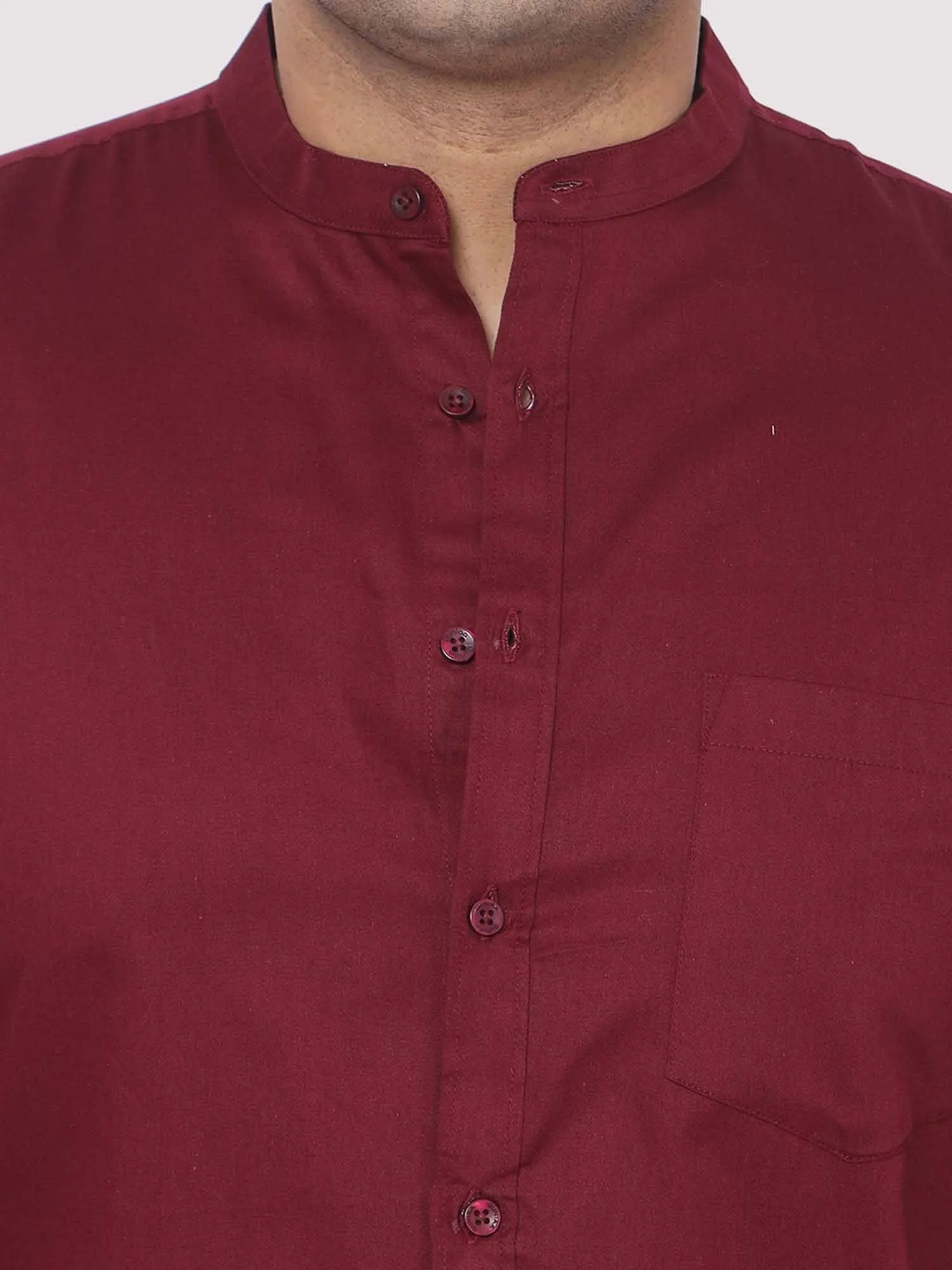 Maroon Mandarin Collar Men's Plus Size Cotton Full Shirt