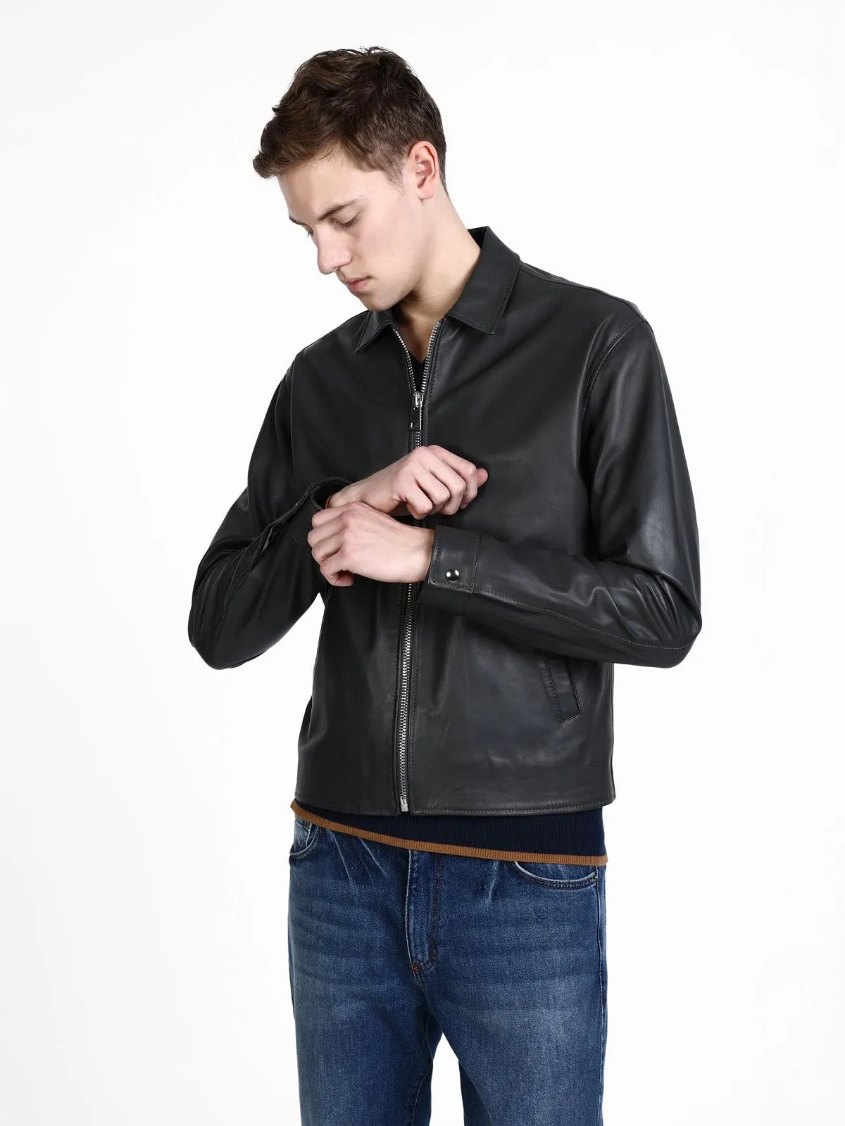 Men Black Shirt Leather Jacket