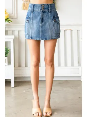 Mid Rise Cargo Denim Mini Skirt