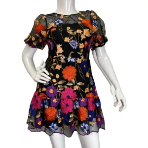 Milly Black Overlay Dress with Colorful Floral Embroidery