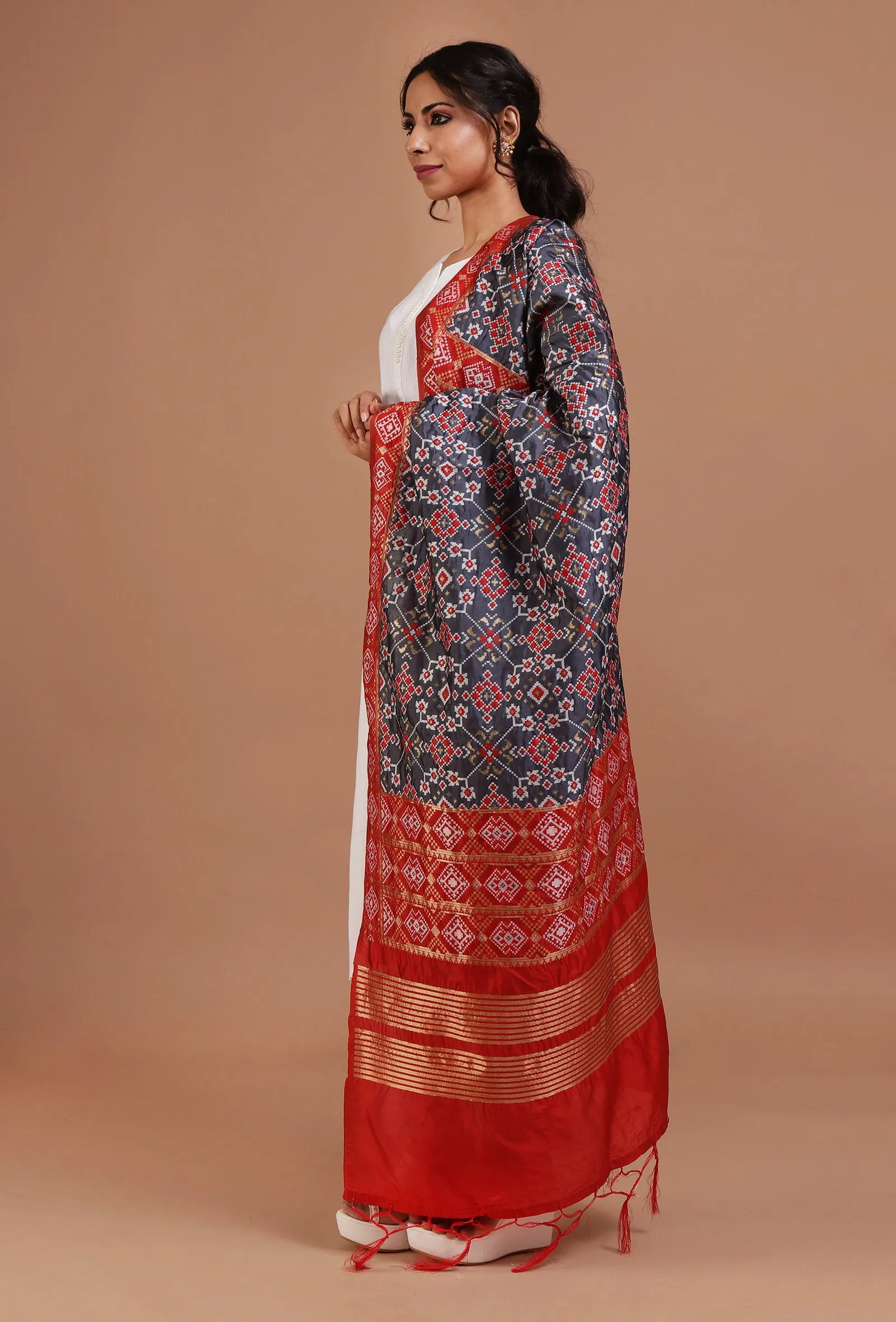 Navy Blue & Red Color Semi Silk Dupatta With Zari Weaving