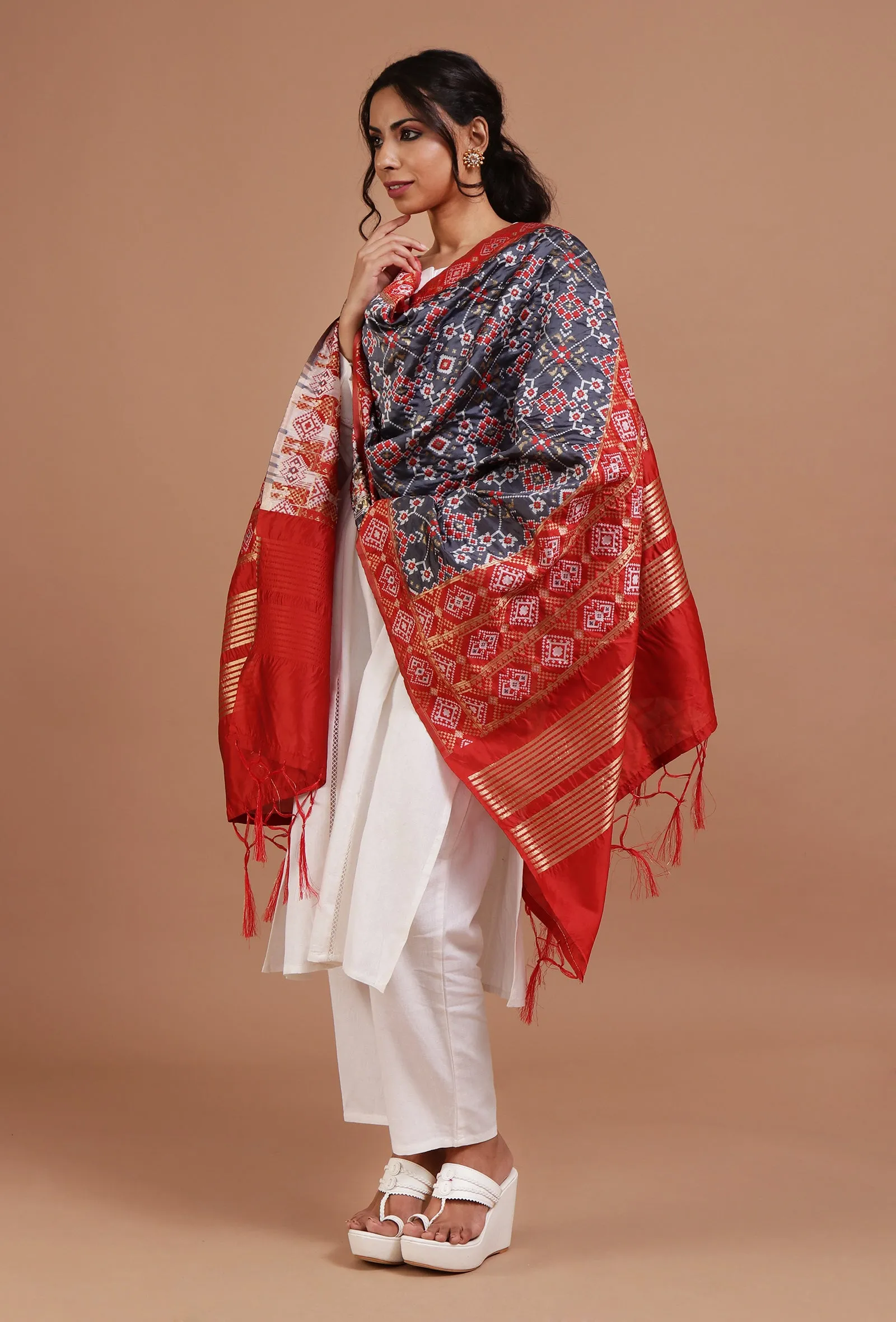 Navy Blue & Red Color Semi Silk Dupatta With Zari Weaving