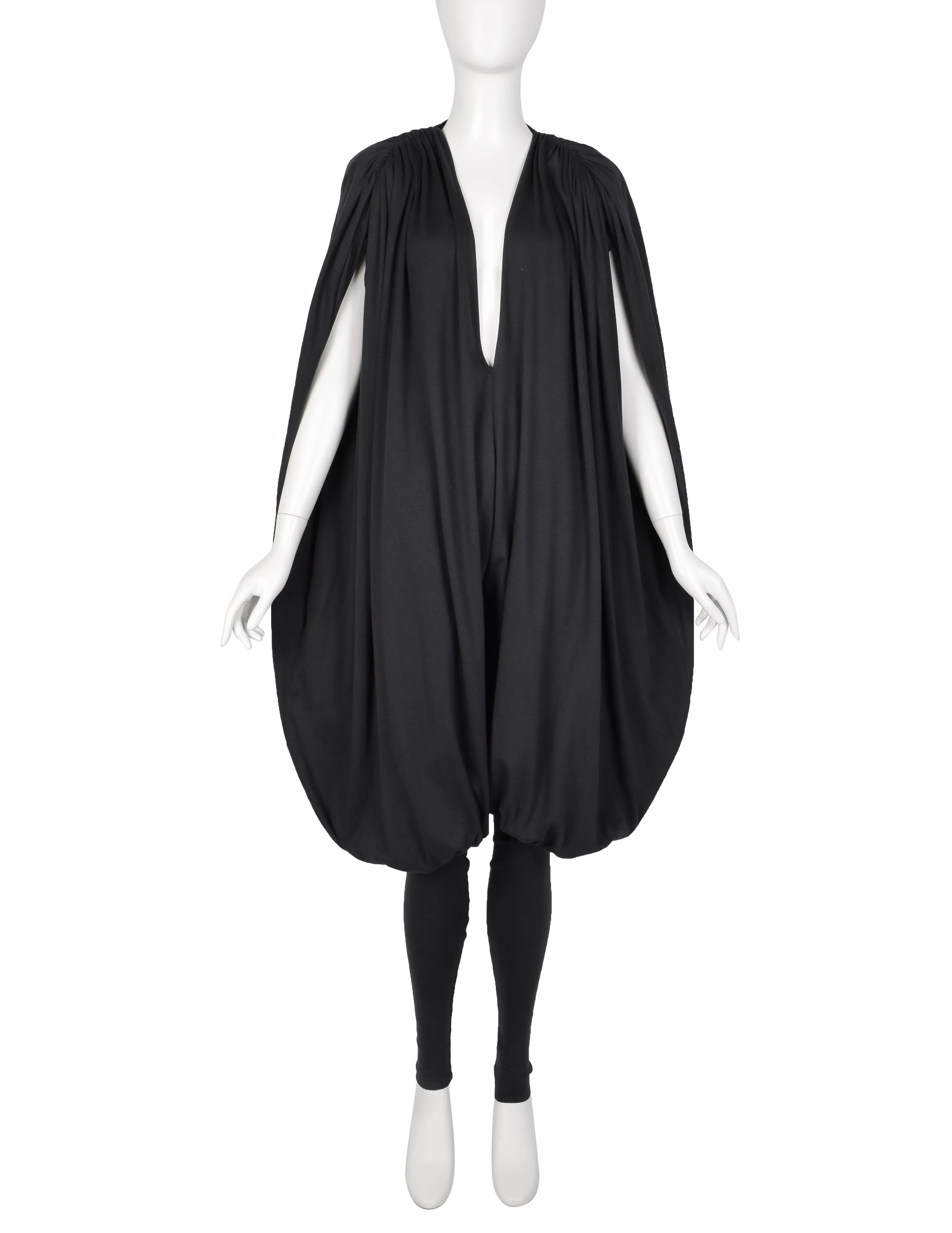 Norma Kamali Vintage 1980s Black Jersey Plunging Harem Bubble Jumpsuit