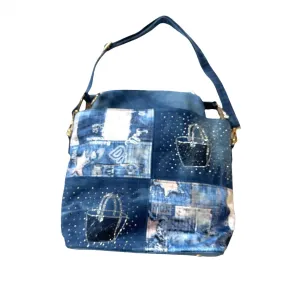 PATCHWORK CRYSTAL EMBELLISHED DENIM HANDBAG