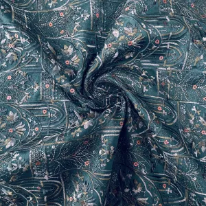 Peacock Green Thread Sequins Embroidery Russian Silk Fabric 19684