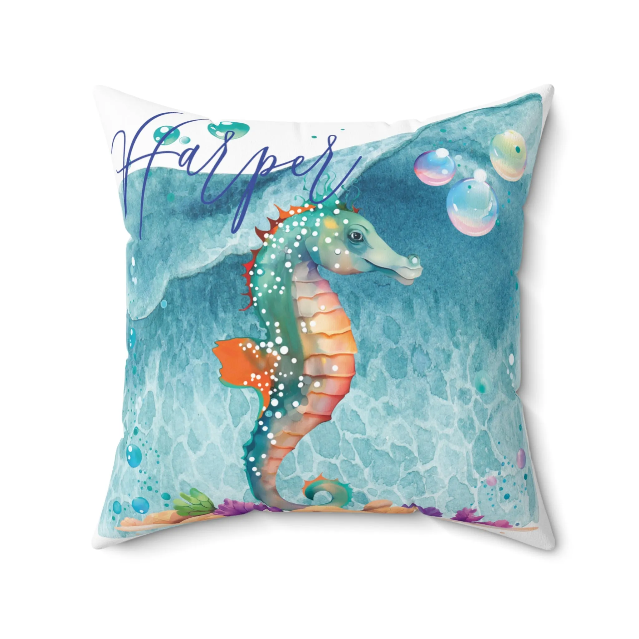 Personalised Polyester Square Cushion, Seahorse cushion