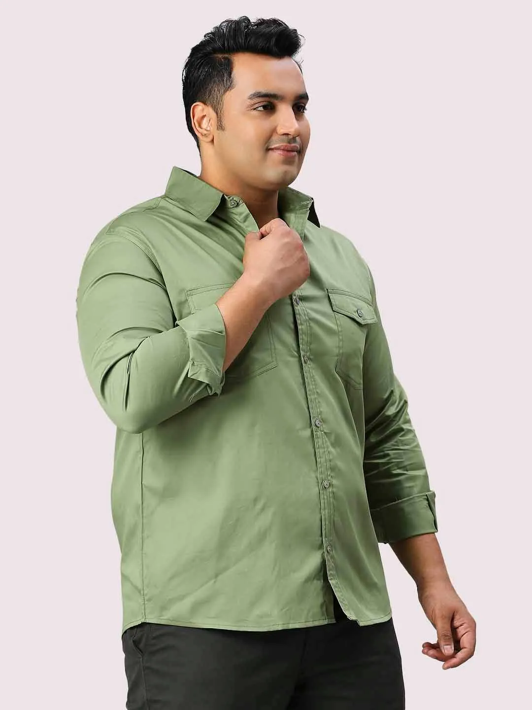 Pista Green Solid Pure Cotton Double Pocket Full Sleeve Shirt Men's Plus Size