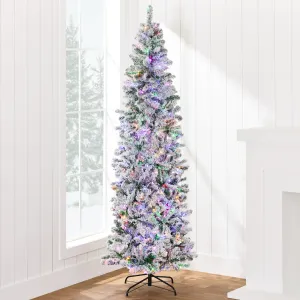 Pre-Lit Snow Flocked Artificial Pencil Christmas Tree w/ Multicolor Lights