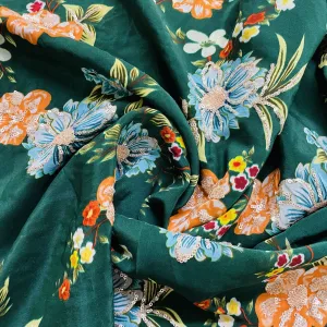 Premium  Dark Green Floral Sequins Embroidery Natural Crape Fabric