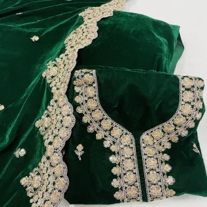 Premium Green Zari Sequins Embroidery Velvet Suit Set With Dupatta