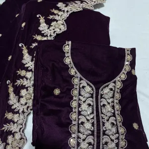 Premium Wine Zari Embroidery Velvet Suit Set With Dupatta