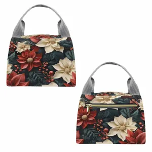 Red Poinsettia  Portable Lunch Bag-Grey Handle