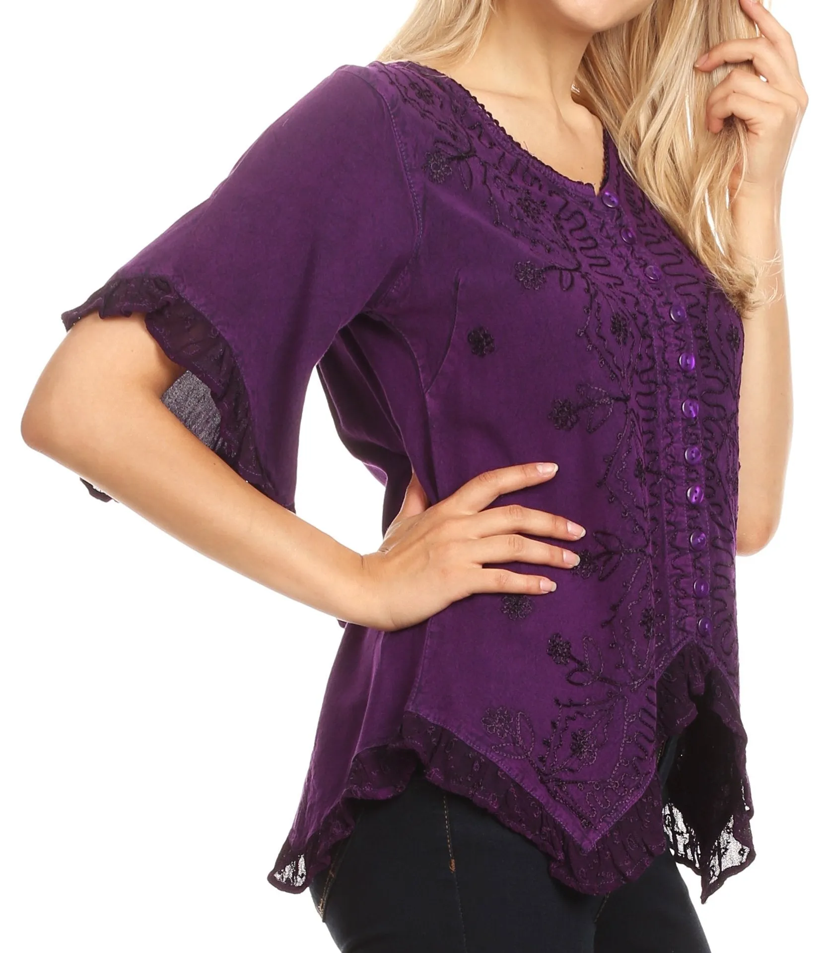 Sakkas Adela Womens 3/4 Sleeve V neck Lace and Embroidery Top Blouse with Ties