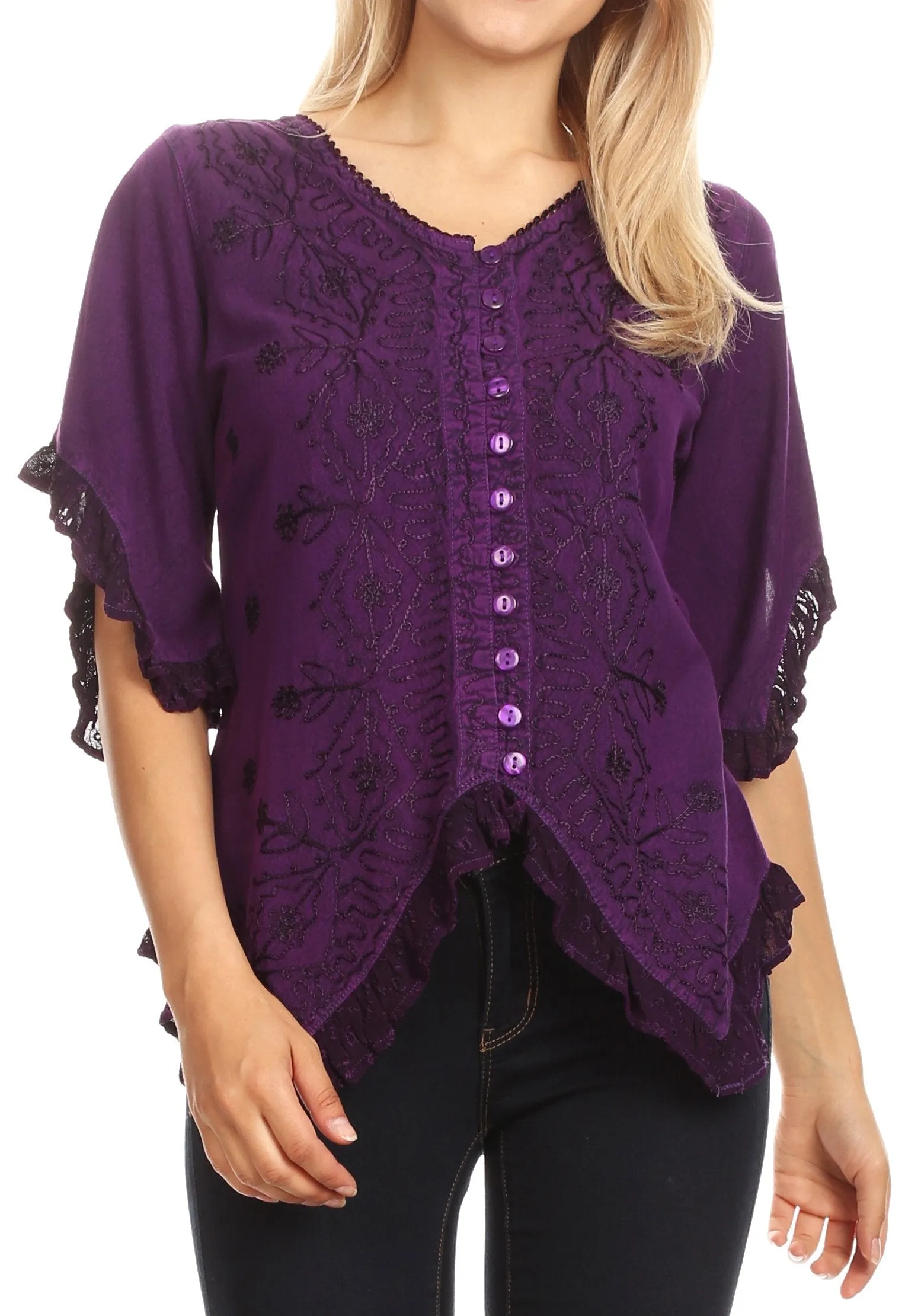 Sakkas Adela Womens 3/4 Sleeve V neck Lace and Embroidery Top Blouse with Ties