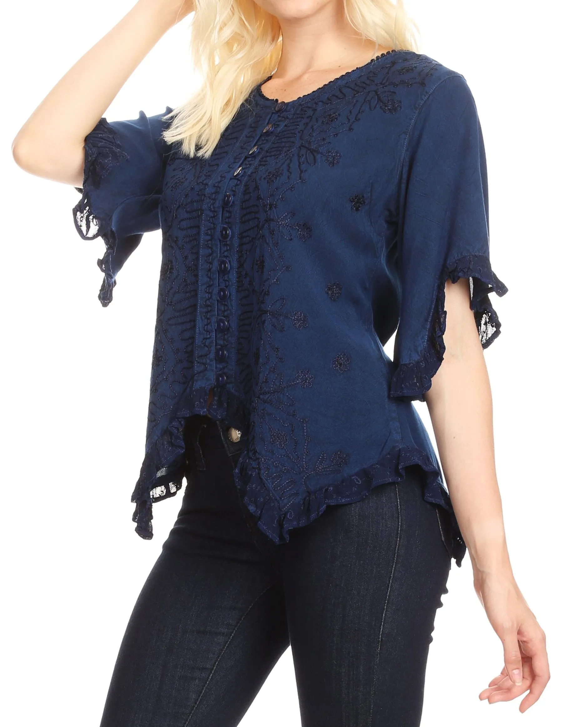 Sakkas Adela Womens 3/4 Sleeve V neck Lace and Embroidery Top Blouse with Ties