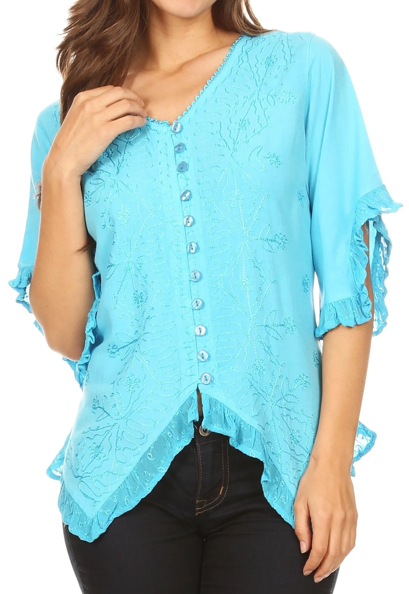 Sakkas Adela Womens 3/4 Sleeve V neck Lace and Embroidery Top Blouse with Ties