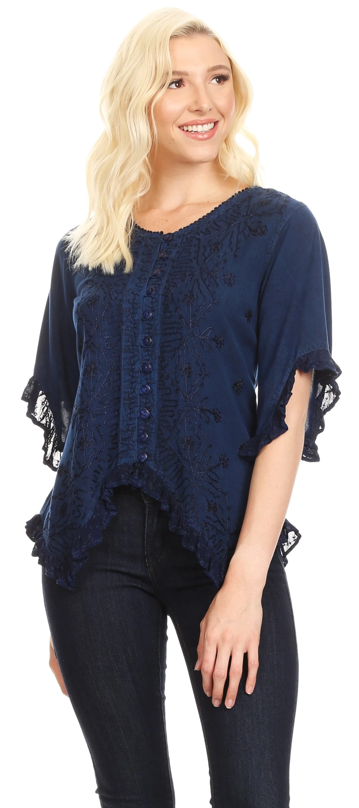 Sakkas Adela Womens 3/4 Sleeve V neck Lace and Embroidery Top Blouse with Ties