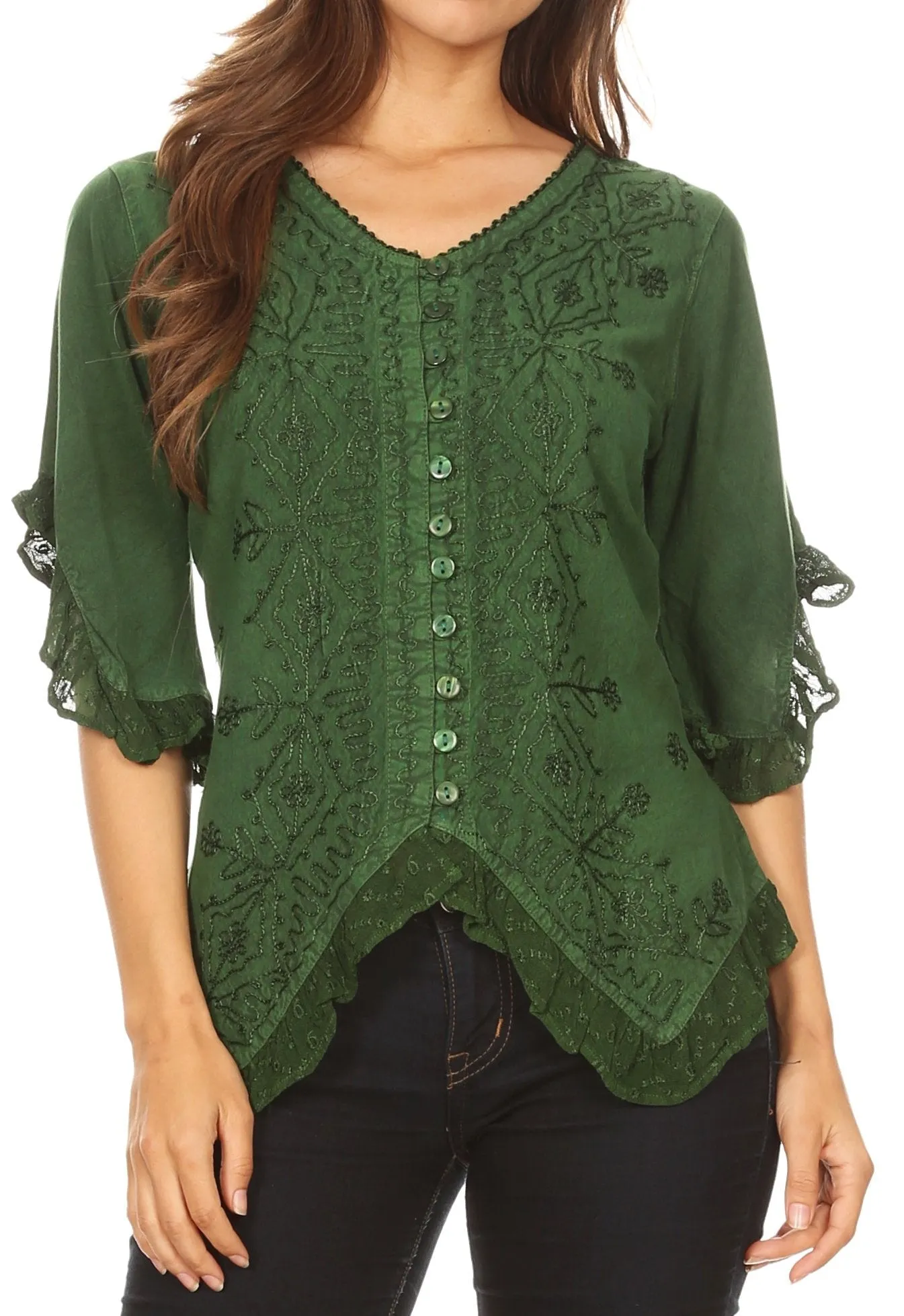 Sakkas Adela Womens 3/4 Sleeve V neck Lace and Embroidery Top Blouse with Ties