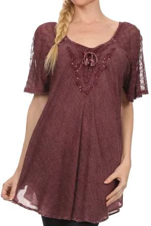 Sakkas Ellie Sequin Embroidered Cap Sleeve Scoop Neck Relaxed Fit Blouse