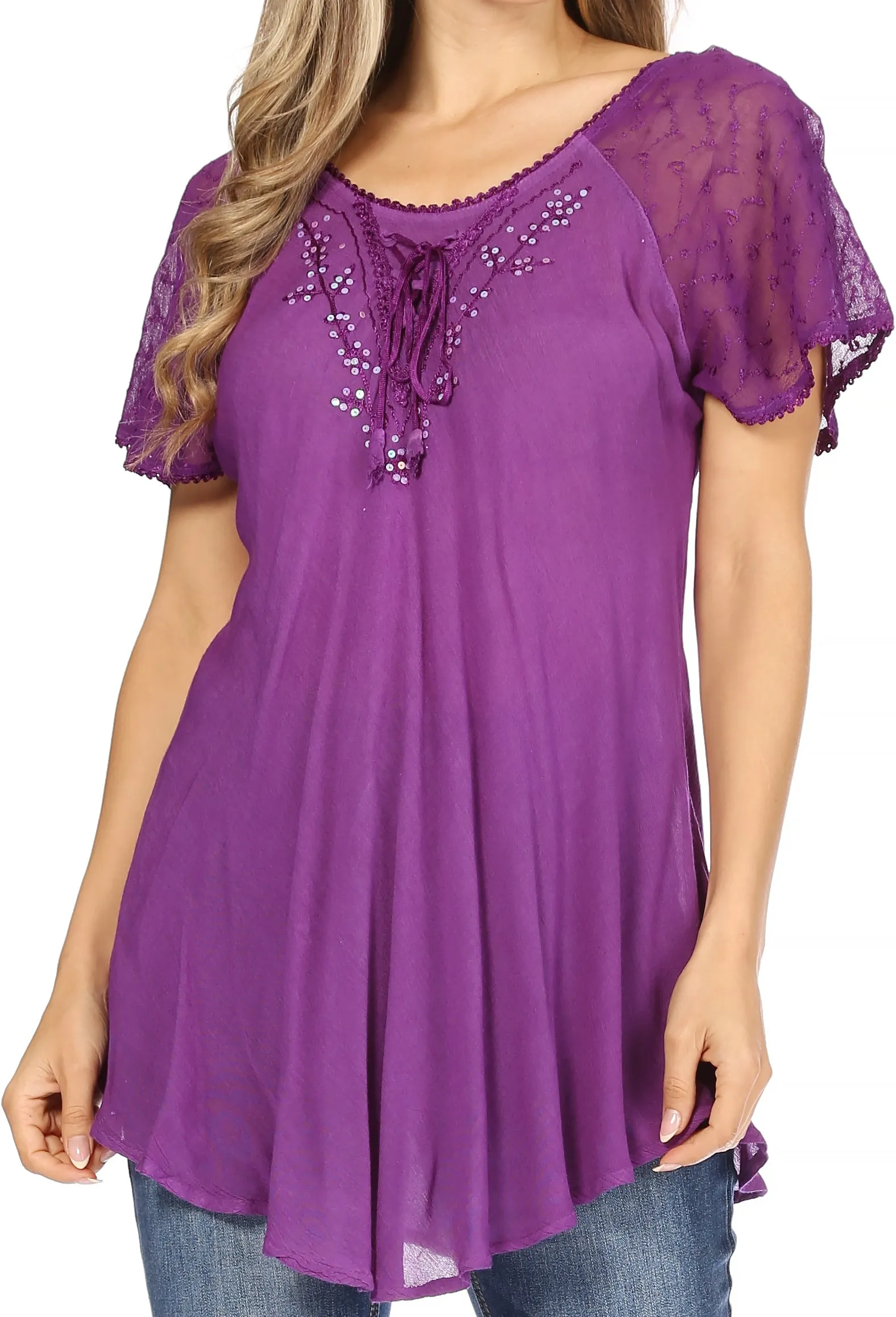 Sakkas Ellie Sequin Embroidered Cap Sleeve Scoop Neck Relaxed Fit Blouse