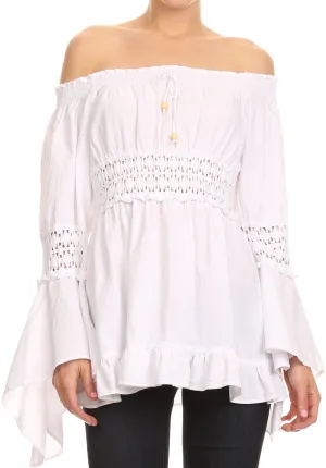 Sakkas Malea Crinkle Crochet Embroidered Long Tall Semi Opaque Blouse Shirt Top