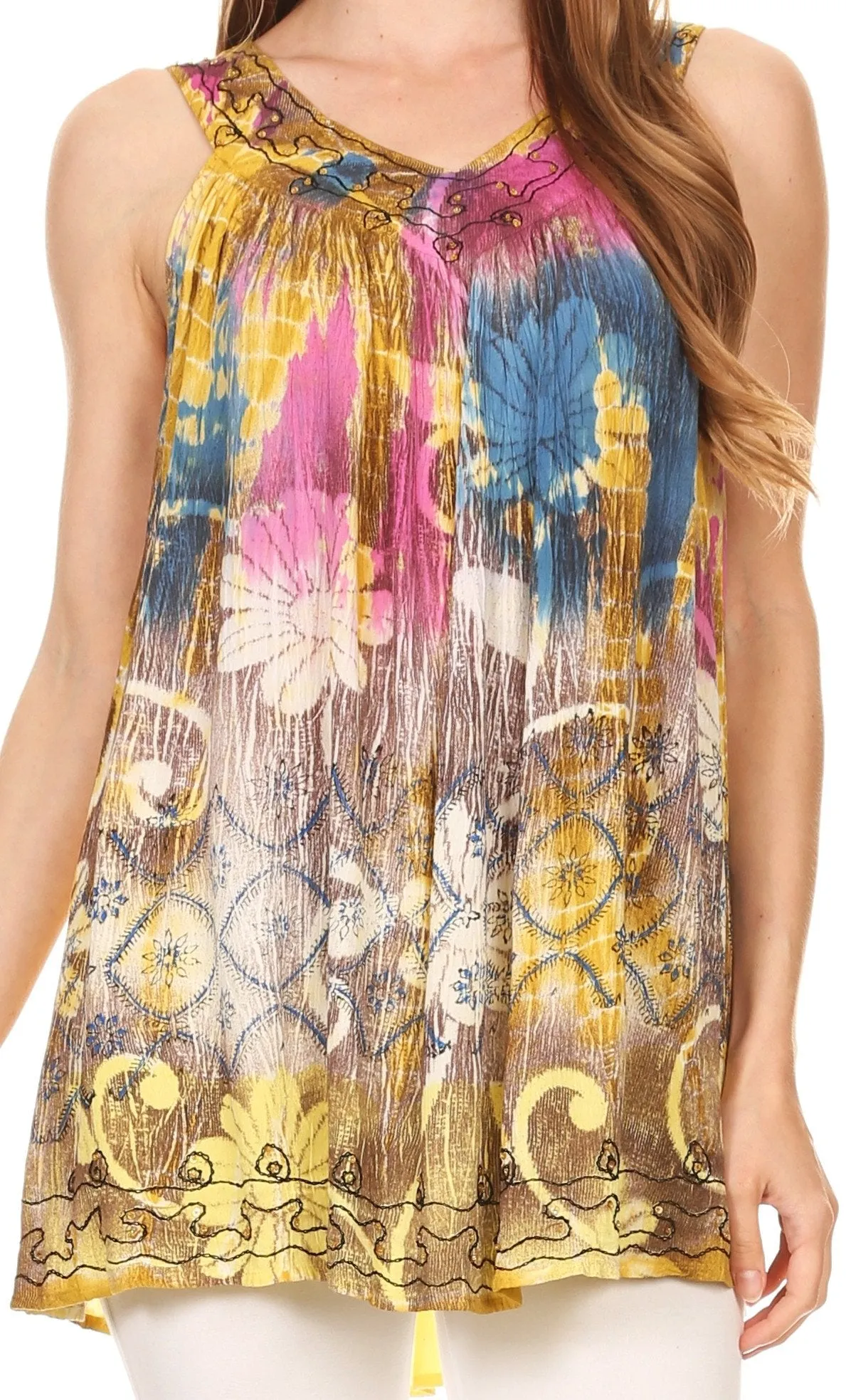 Sakkas Melanie Tie Dye Batik Tank with Sequins and Embroidery