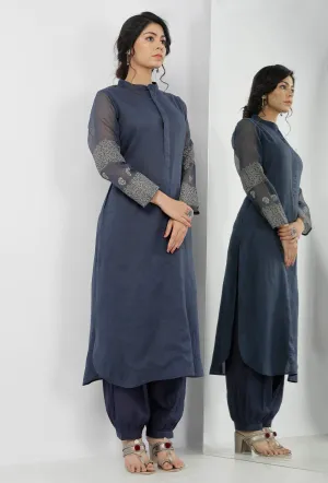 Set of 2-Aegean Blue Floral Hand-Block Printed Mandarin Collar Kota Kurta with Plain Salwar