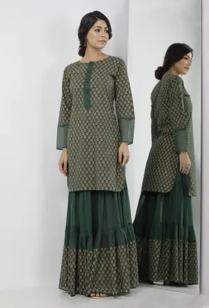 Set of 2: Irvin Bottle Green Floral Hand-Block Printed Cotton Short Kurta with Printed Sharara