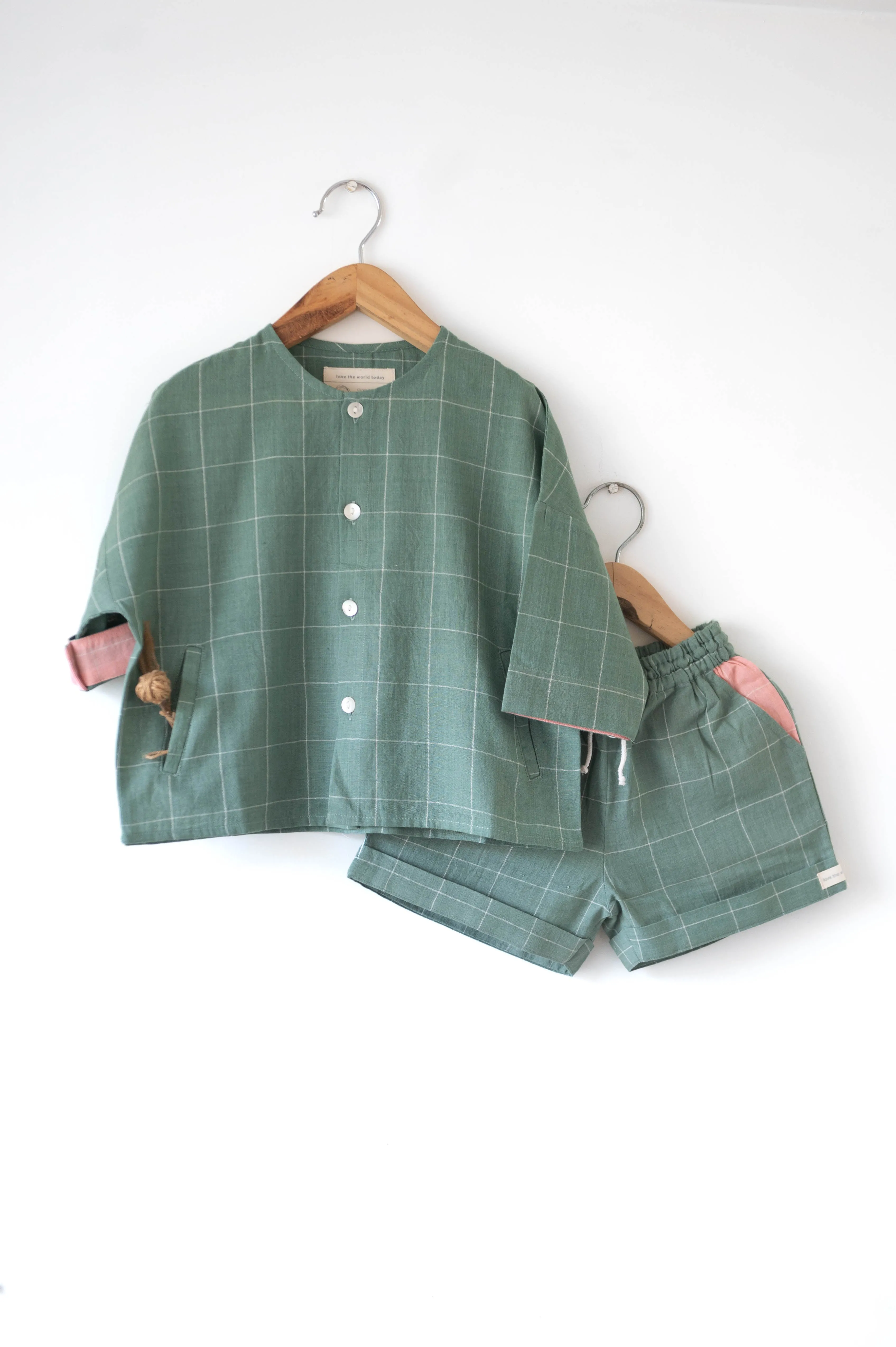 Shared secrets’ unisex full sleeve kimono shirt and shorts co-ord in teal handwoven cotton checks
