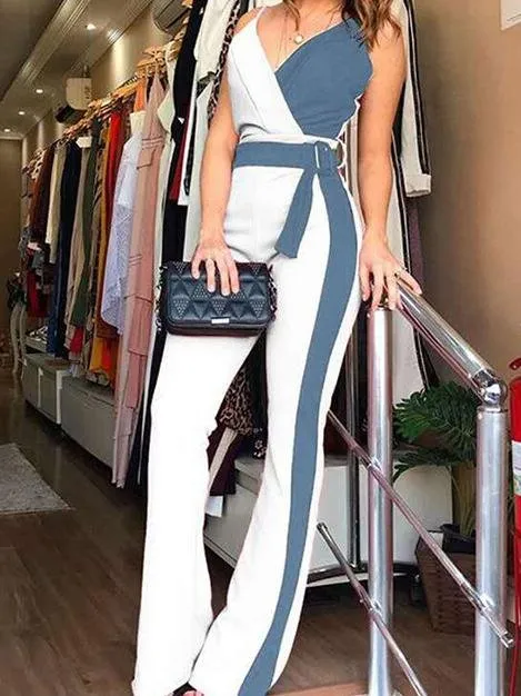 Simple Deep V-Neck Sleeveless Suspender Jumpsuit for Women