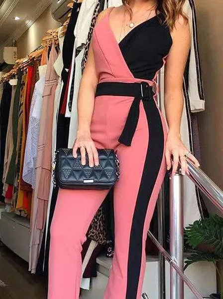 Simple Deep V-Neck Sleeveless Suspender Jumpsuit for Women