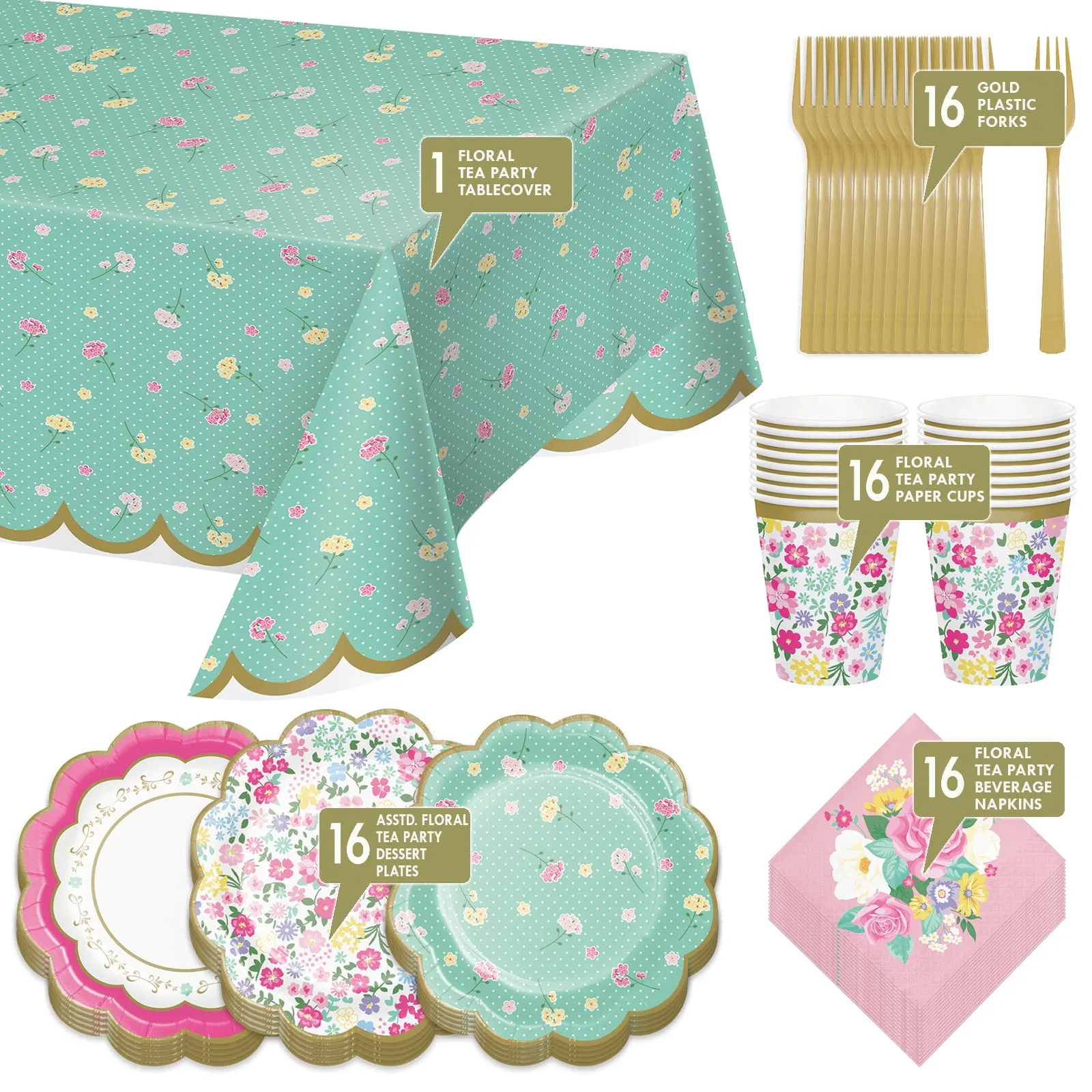 Tea Party Supplies - Floral Scalloped Paper Dessert Plates, Napkins, and Forks for Girls Birthday Party or Bridal Shower(Serves 16)