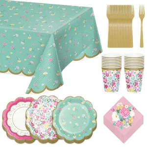 Tea Party Supplies - Floral Scalloped Paper Dessert Plates, Napkins, and Forks for Girls Birthday Party or Bridal Shower(Serves 16)