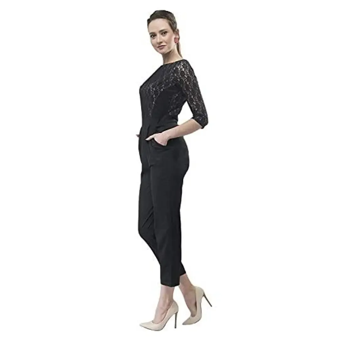 V&M Black - Beige Color Blocking Lace Crepe 3/4 Sleeves Designer Jumpsuit for Women (vm146)