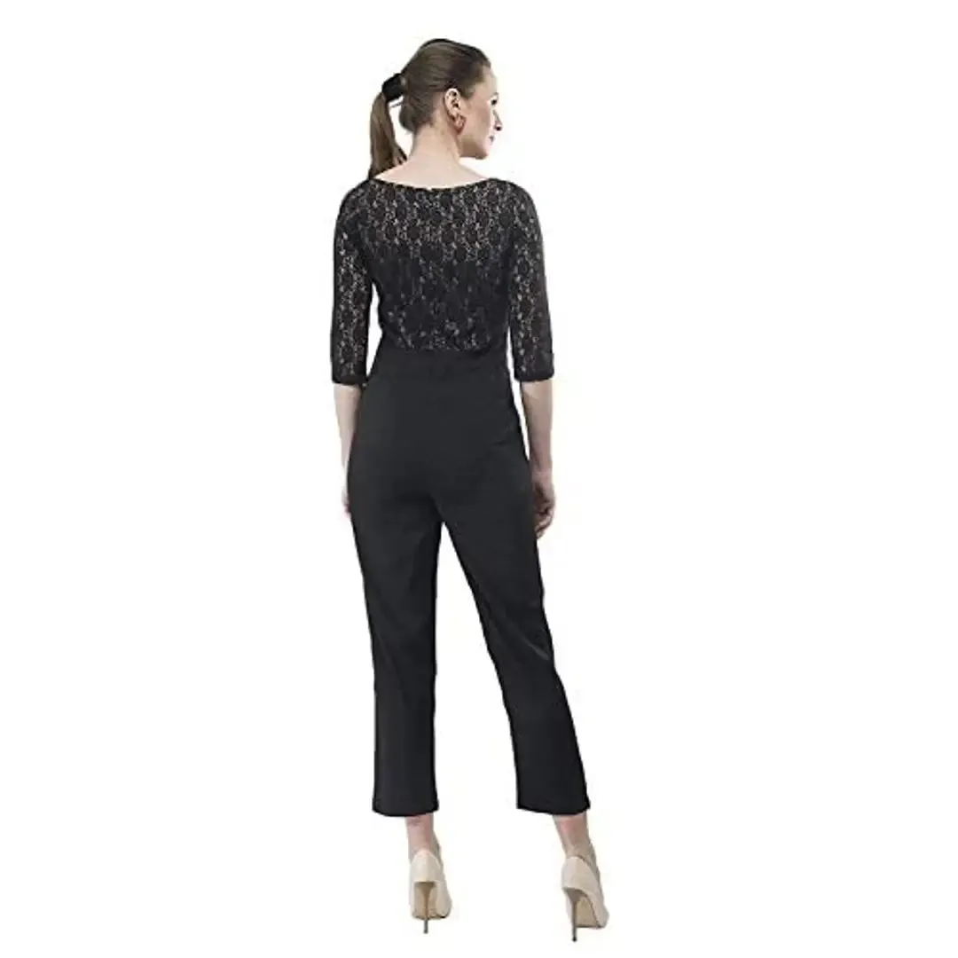 V&M Black - Beige Color Blocking Lace Crepe 3/4 Sleeves Designer Jumpsuit for Women (vm146)