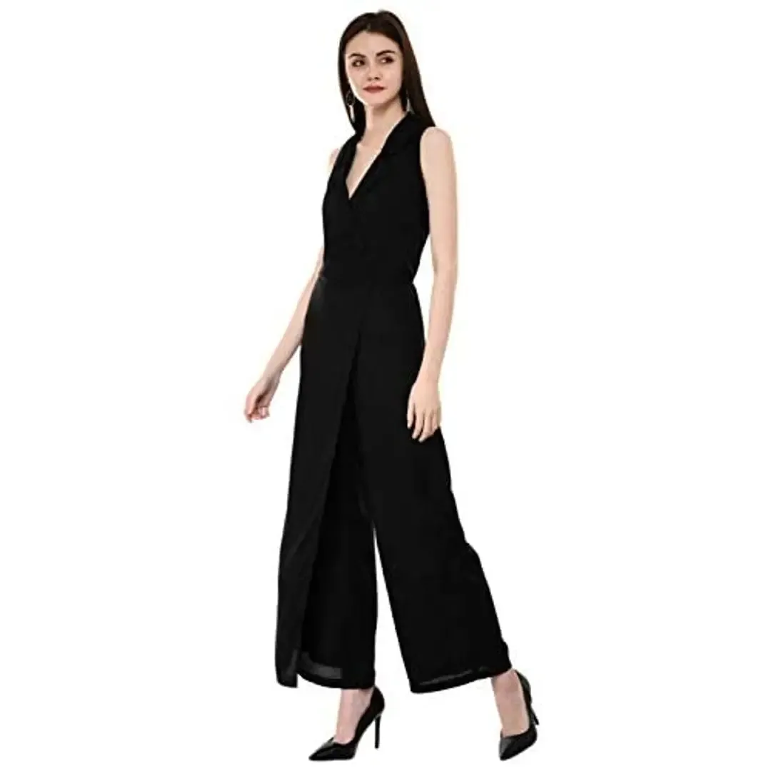 V&M Black Rayon Lapel Collar Wrap Sleeveless Designer Jumpsuit for Women (vm199)